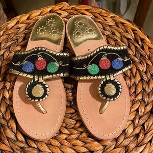 Jack Rogers Black Sandals with Colorful Embroidery Christmas Balls Size 5